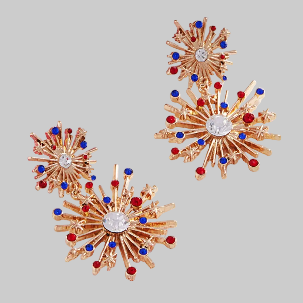 Rhinestone Paved American USA Flag Theme Starbursts Earrings