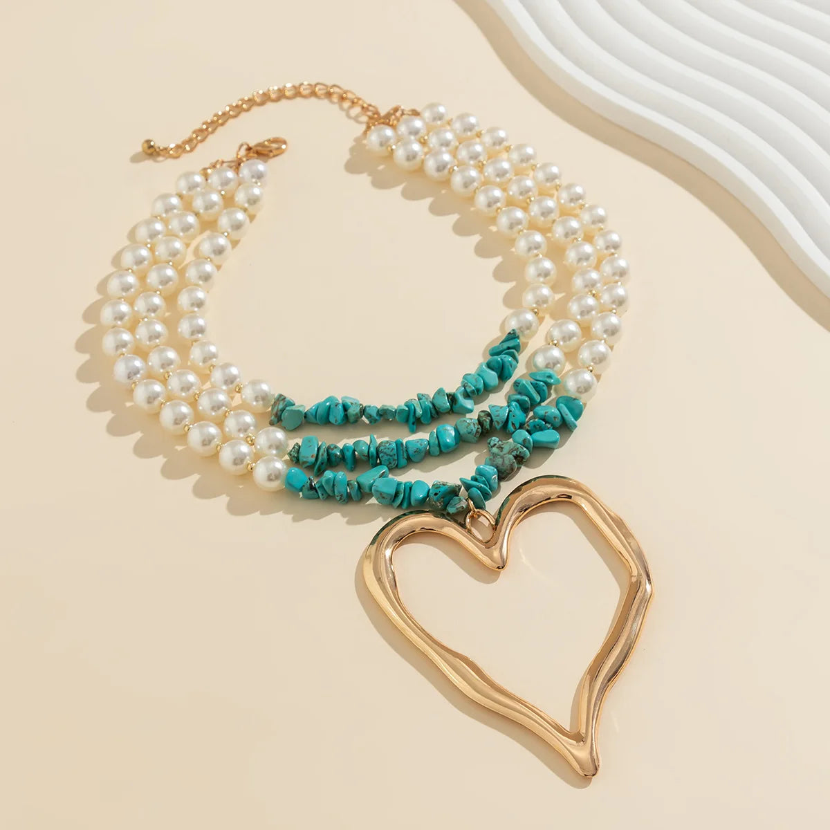 Pearl Bead Chain Necklace for Women with Hollow Heart Pendant
