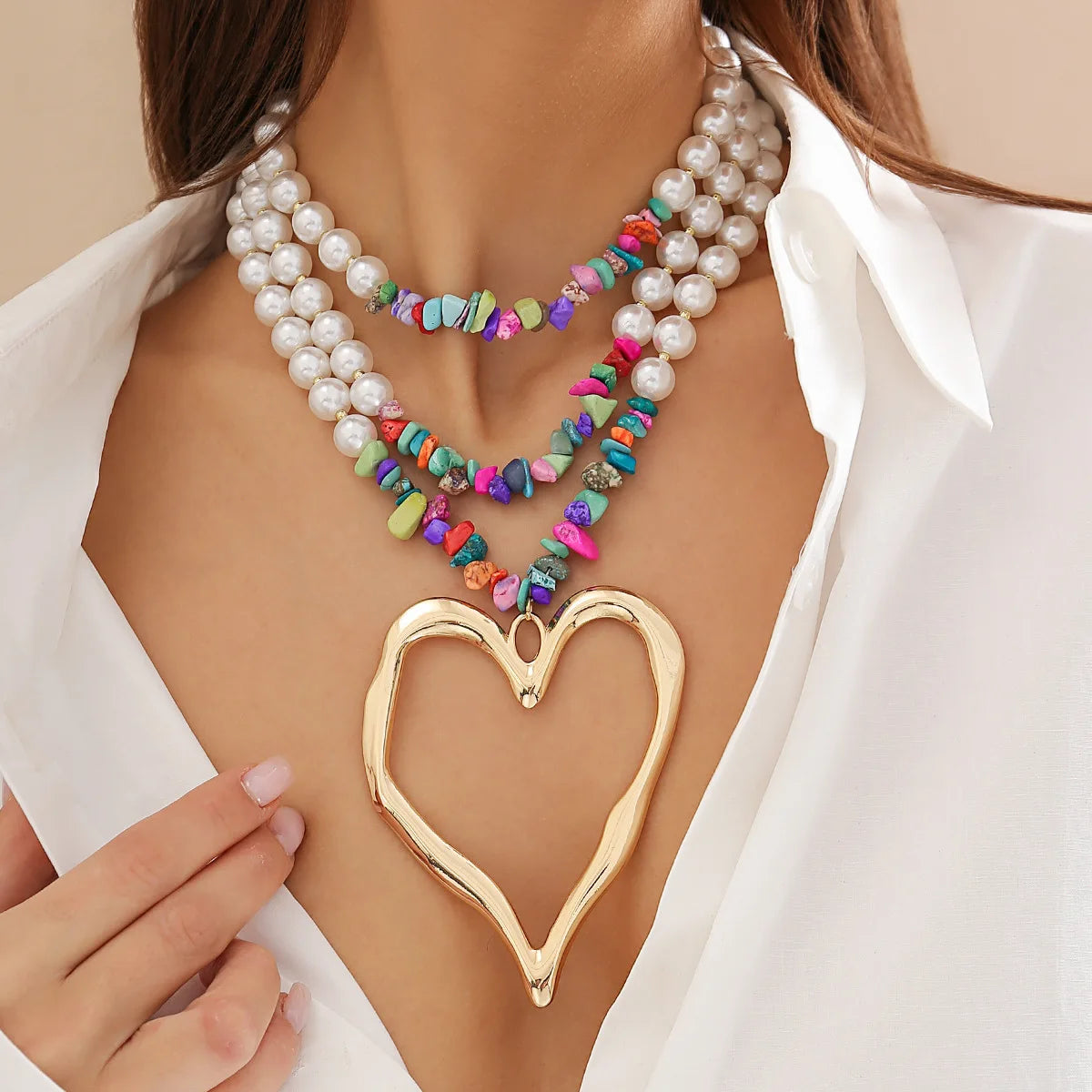 Pearl Bead Chain Necklace for Women with Hollow Heart Pendant