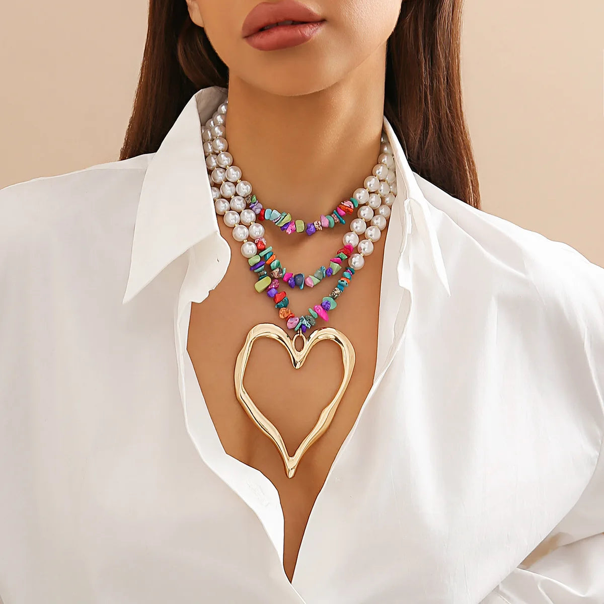Pearl Bead Chain Necklace for Women with Hollow Heart Pendant