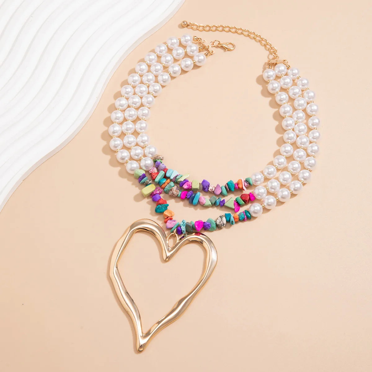 Pearl Bead Chain Necklace for Women with Hollow Heart Pendant