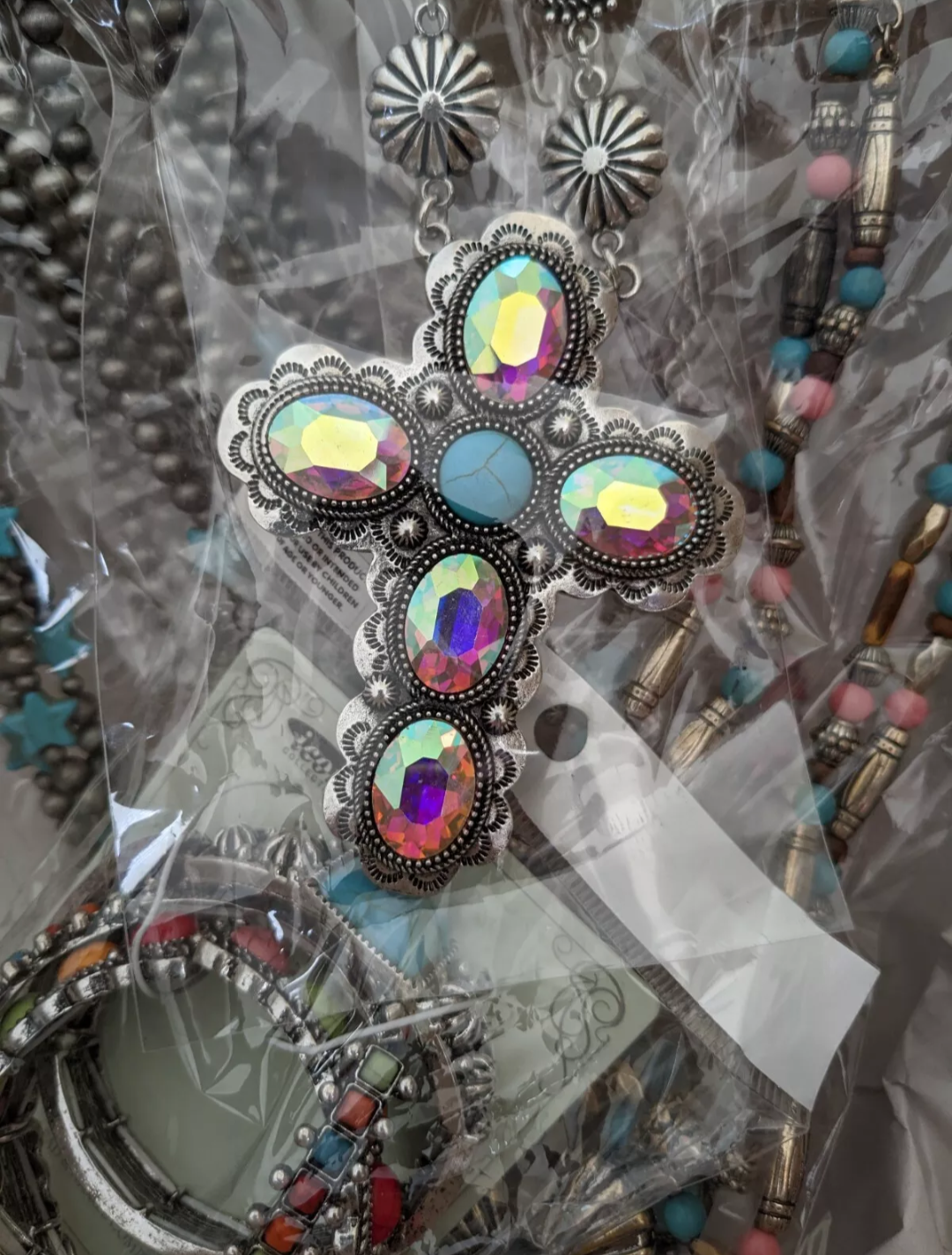 Western Crystal Turquoise Cross Necklace Set