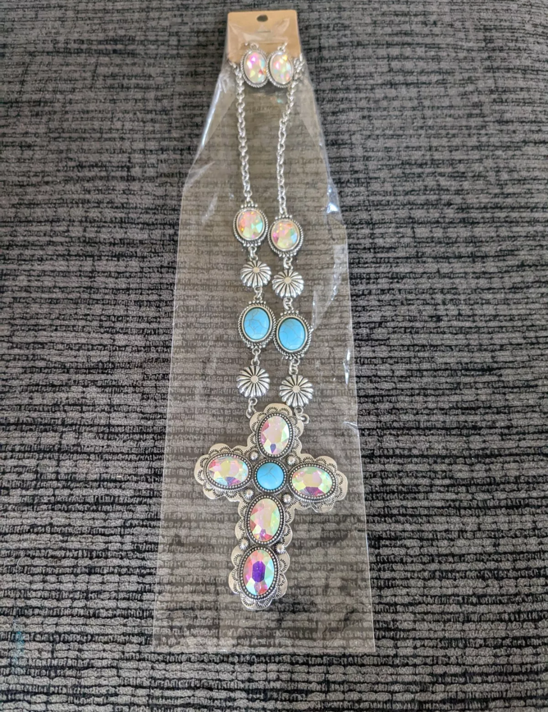 Western Crystal Turquoise Cross Necklace Set