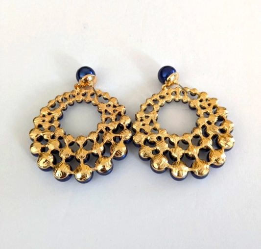 Blue Beaded Pearlized Hoop Earrings