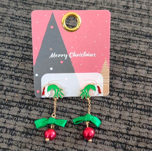 Grinch Hand Christmas Dangle Earrings – Red Ornament & Green Bow Holiday Jewelry
