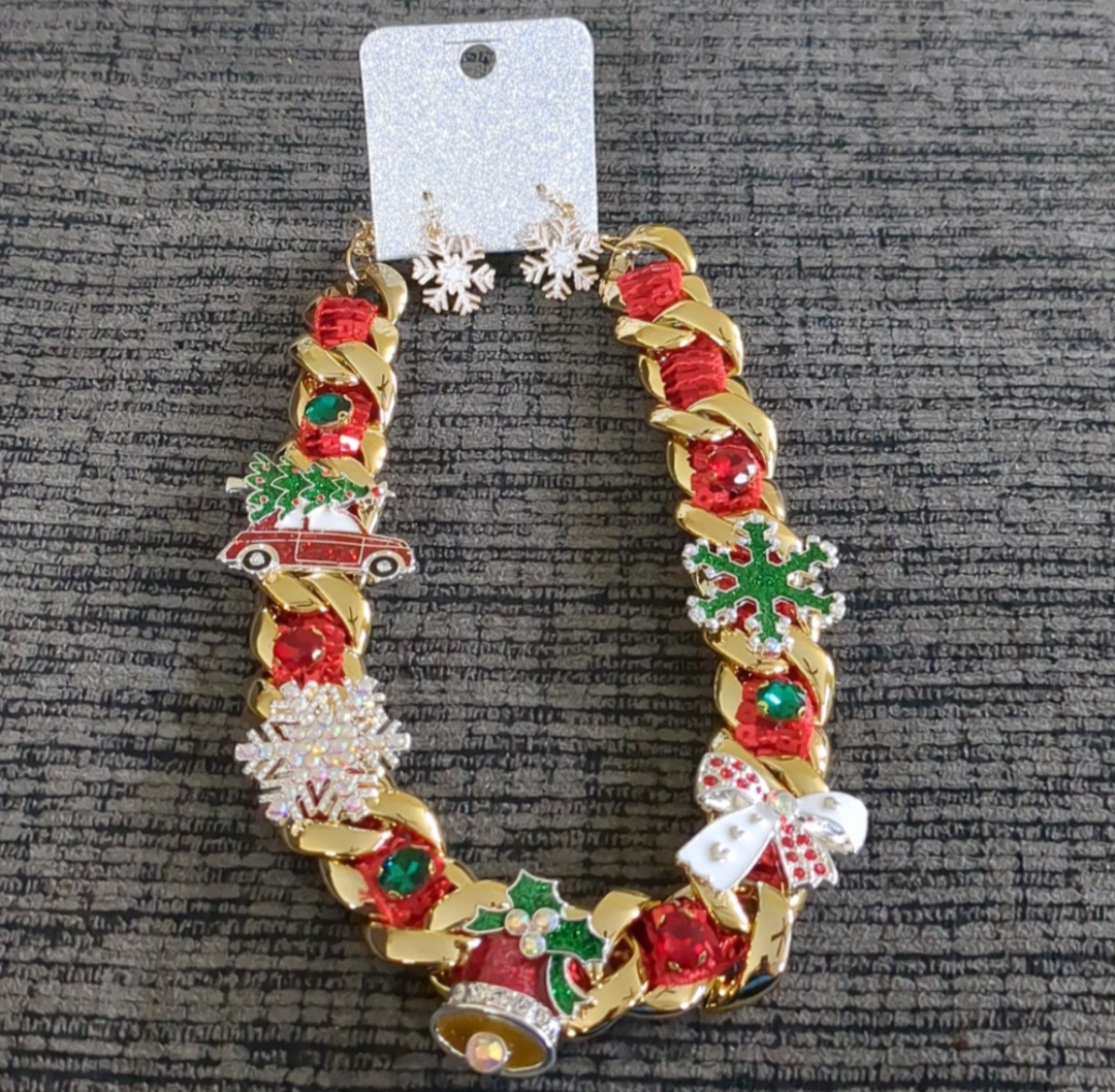 Chunky Christmas Bell Snowman Bow Tree Truck Snowflake Necklace