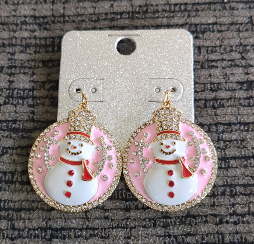 Stone Detailed Snowman Christmas Ornament Dangle Earrings