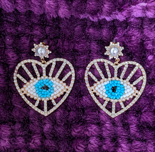 Evil Eye Heart Beaded Statement Earrings – Protective Boho Dangle Jewelry