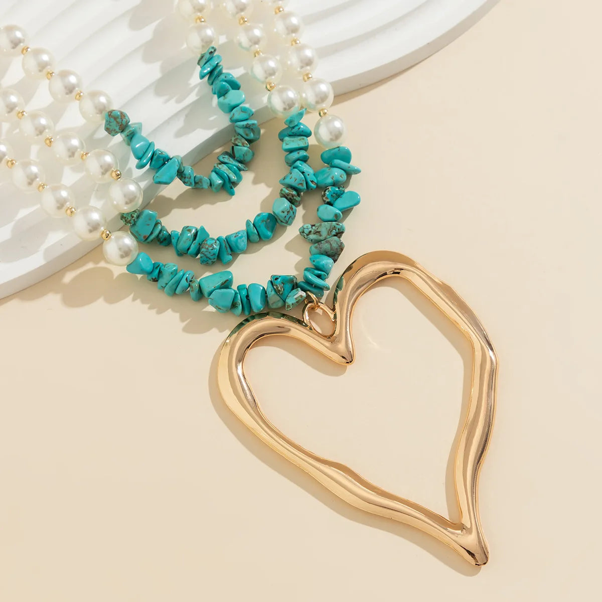 Pearl Bead Chain Necklace for Women with Hollow Heart Pendant