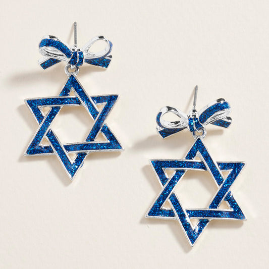 Blue Enamel Star of David Dangle Earrings with Bow Accent – Gold or Silver Tone, Titanium Post, Holiday & Everyday Jewelry