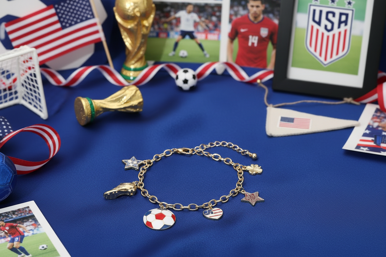 Gold Tone USA Soccer Ball Star Cleat heart flag charm bracelet