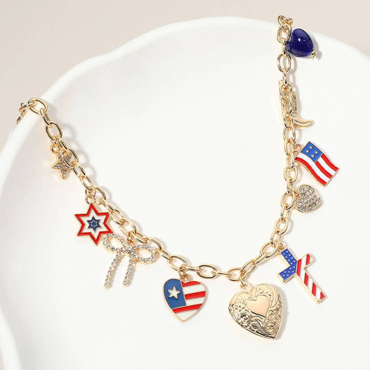 Enamel American USA Flag Heart Cross Star Bow Charm Necklace