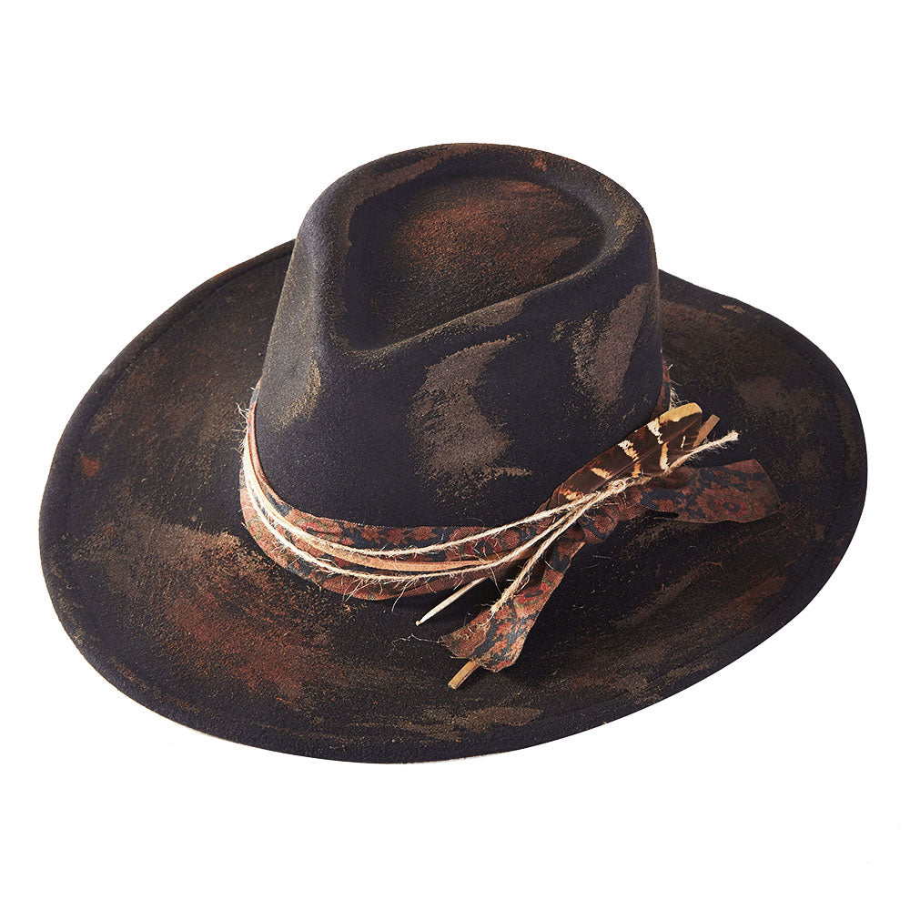 Vintage Feather Accent Distressed Fabric Band Rustic Cowgirl Western Fedora Hat