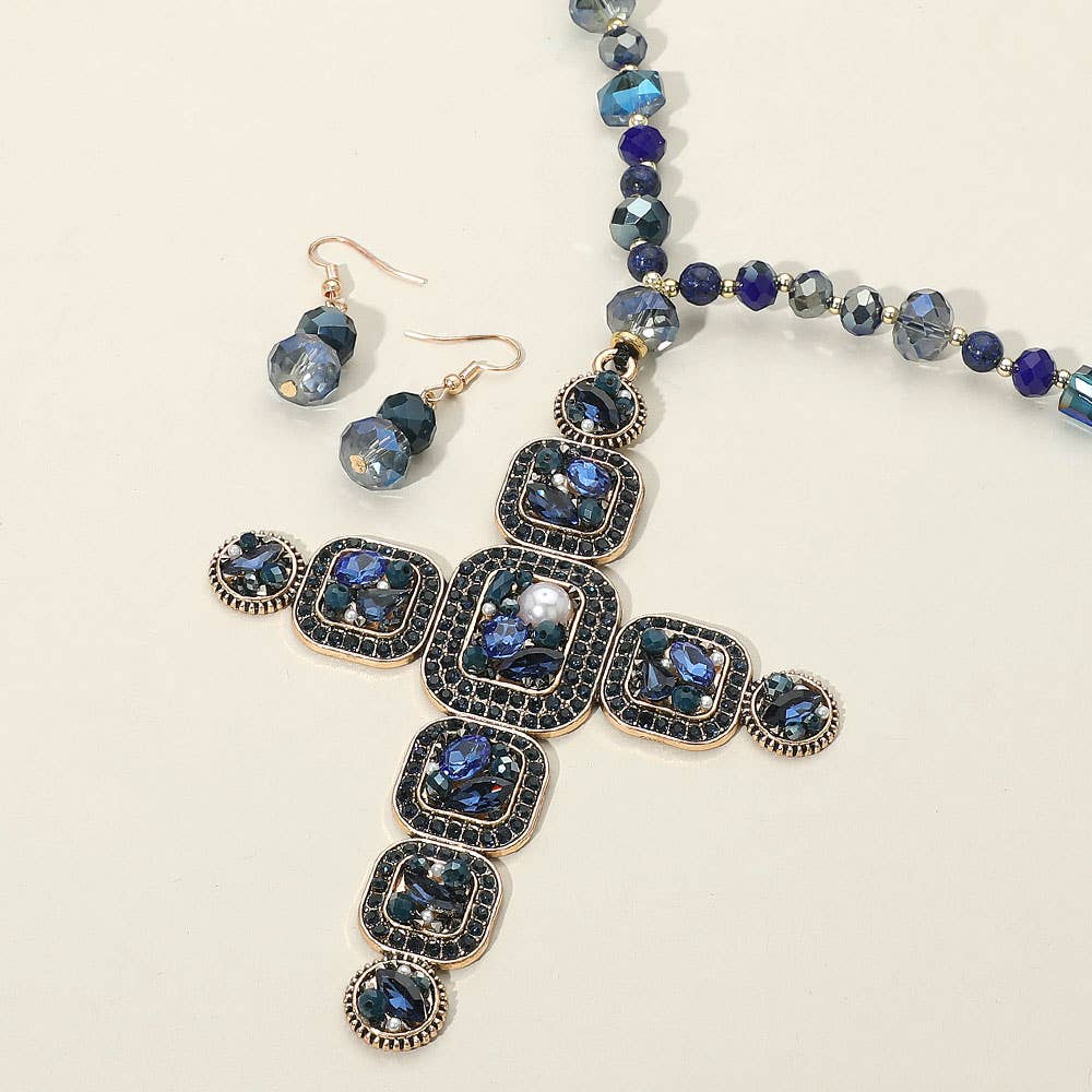 Beaded Cross Pendant Necklace & Earrings Set 37" Long Statement Jewelry