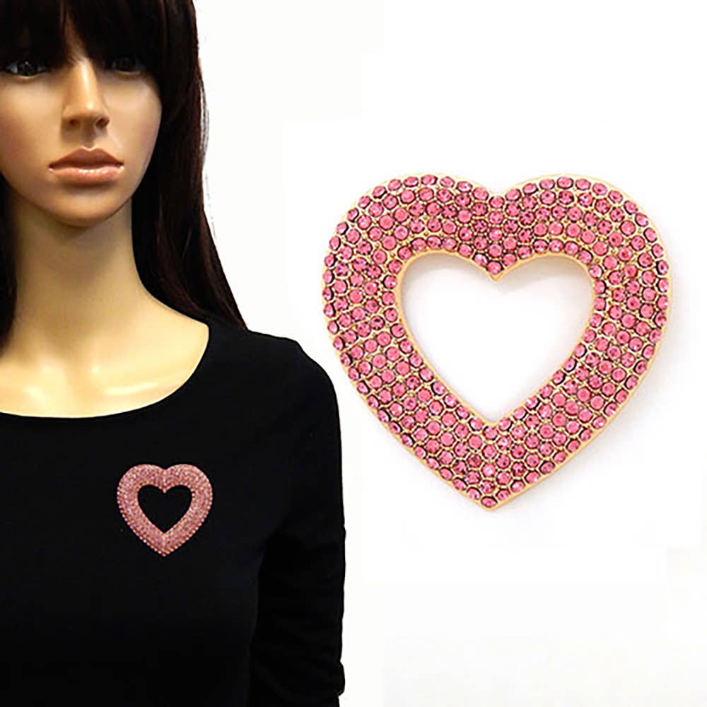 Rhinestone Embellished Open Heart Pin Brooch