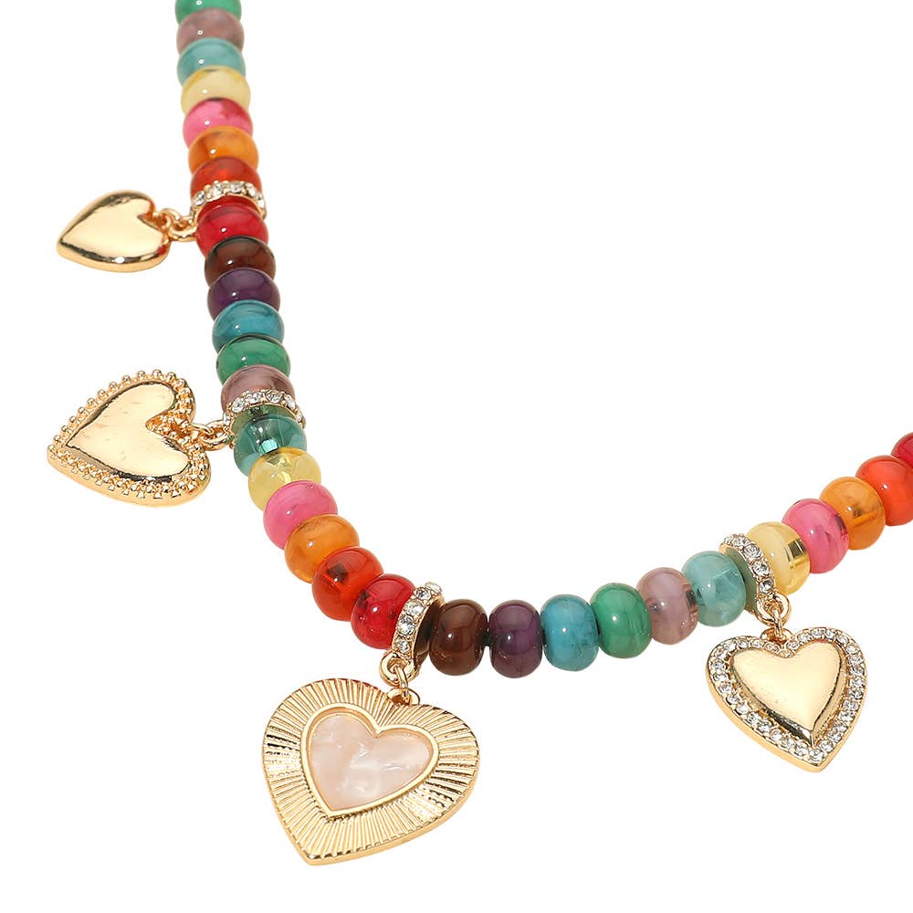 Heart Charm Resin Colorful Beaded Statement Necklace