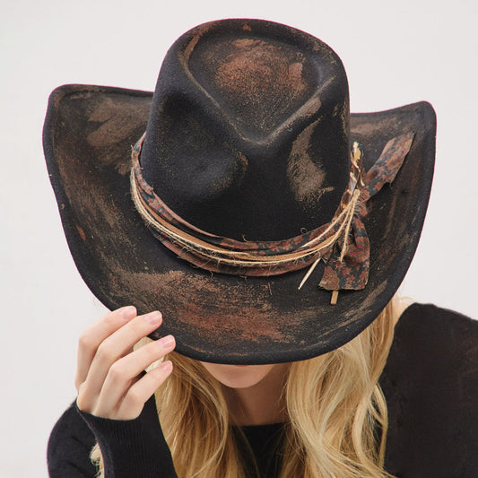 Vintage Feather Accent Distressed Fabric Band Rustic Cowgirl Western Fedora Hat