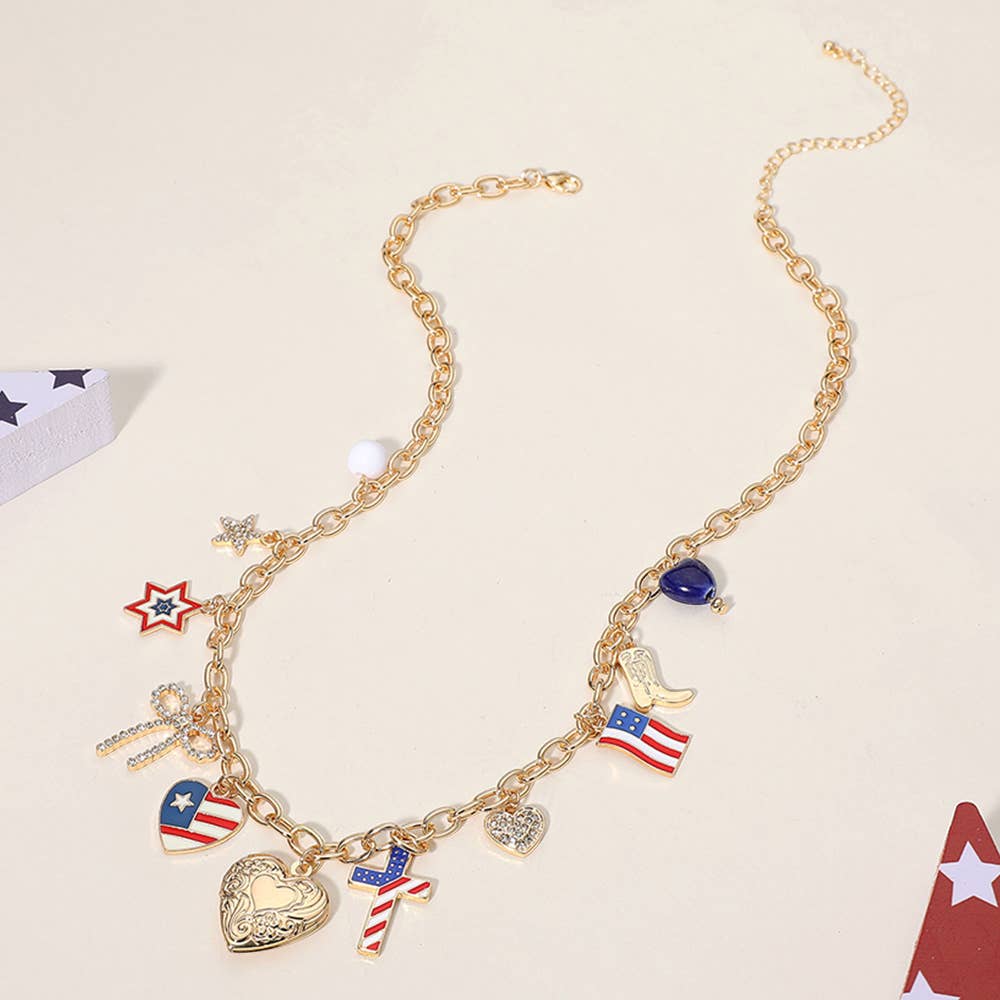 Enamel American USA Flag Heart Cross Star Bow Charm Necklace