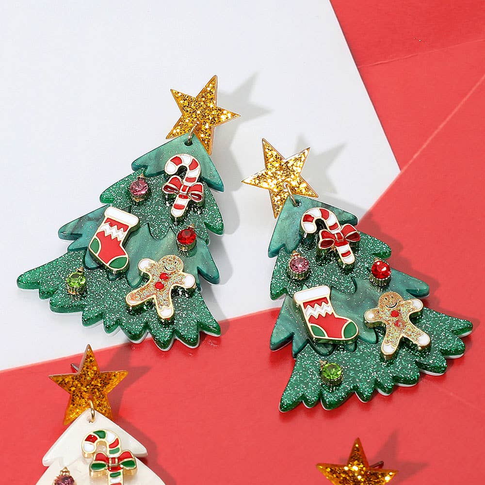 Festive Christmas Tree Earrings Holiday Jewelry Gingerbread Candy Cane Stocking โ Resin 1.75" x 2.6" Post Back