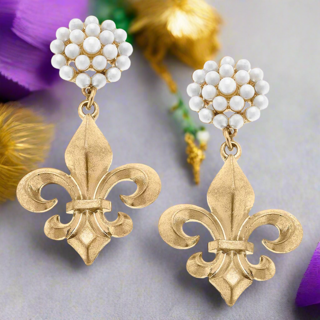 Fleur de Lis & Pearl Cluster Drop Earrings in Worn Gold