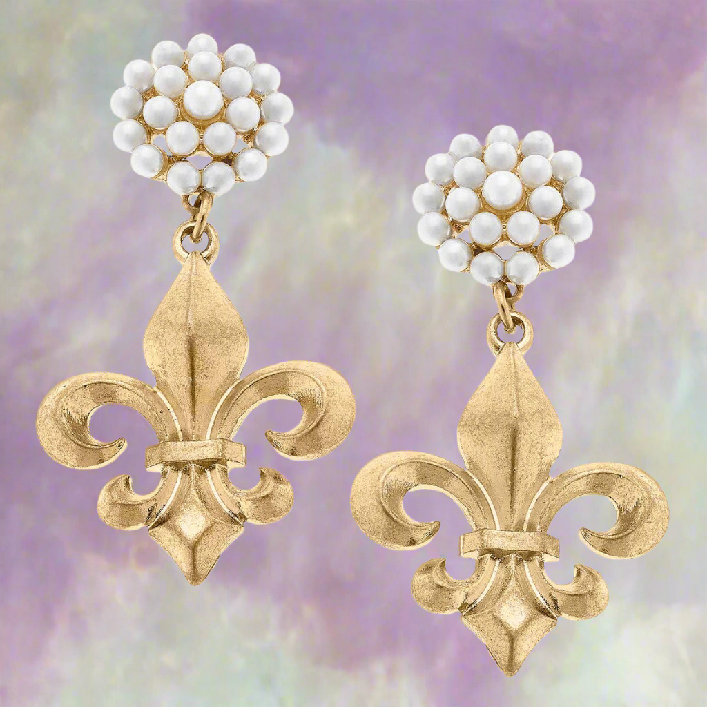 Fleur de Lis & Pearl Cluster Drop Earrings in Worn Gold