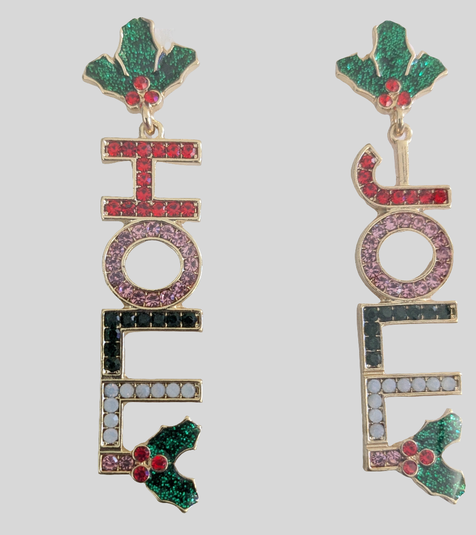 Pearl Paved Holly Jolly Message Dangle Earrings