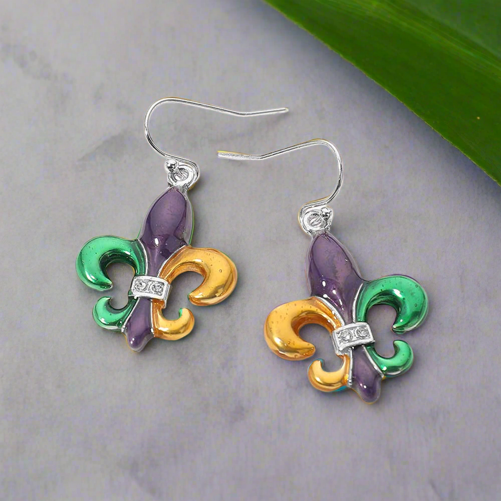 Stone Pave Enamel Fleur de Lis Dangle Earrings