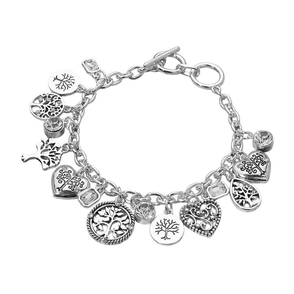 Tree of Life Charm Bracelet – Gold Tone, Toggle Closure, Bezel Stones