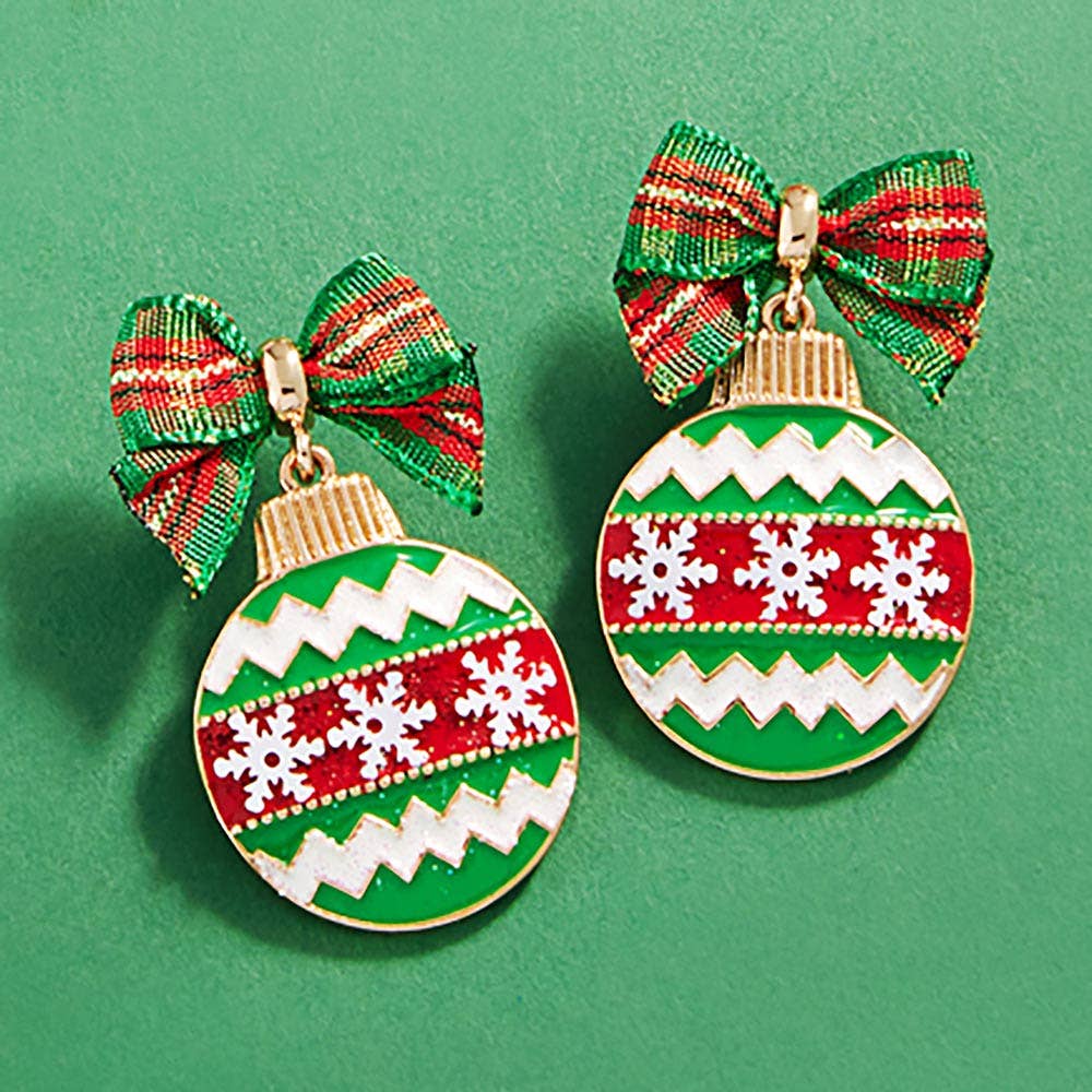 Bow Pointed Enamel Christmas Ornament Dangle Earrings