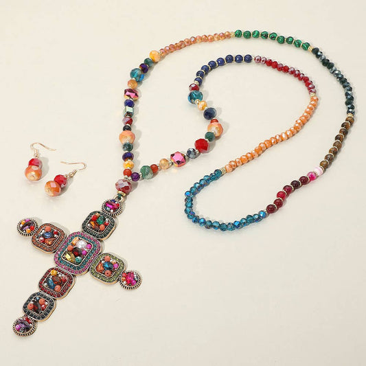 Beaded Cross Pendant Necklace & Earrings Set 37" Long Statement Jewelry