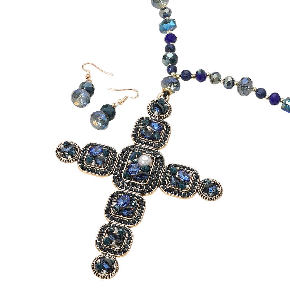 Beaded Cross Pendant Necklace & Earrings Set 37" Long Statement Jewelry