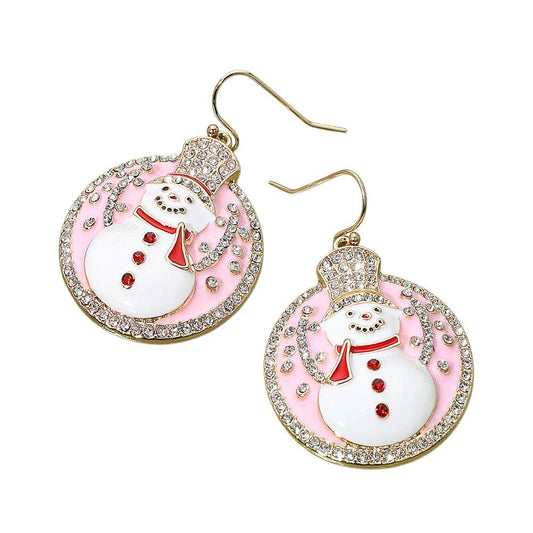 Stone Detailed Snowman Christmas Ornament Dangle Earrings