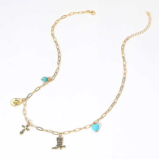SECRET BOX 14K Gold Dipped Western Hat Boot Cross Turquoise Heart Stone Charm Station Paperclip Chain Necklace