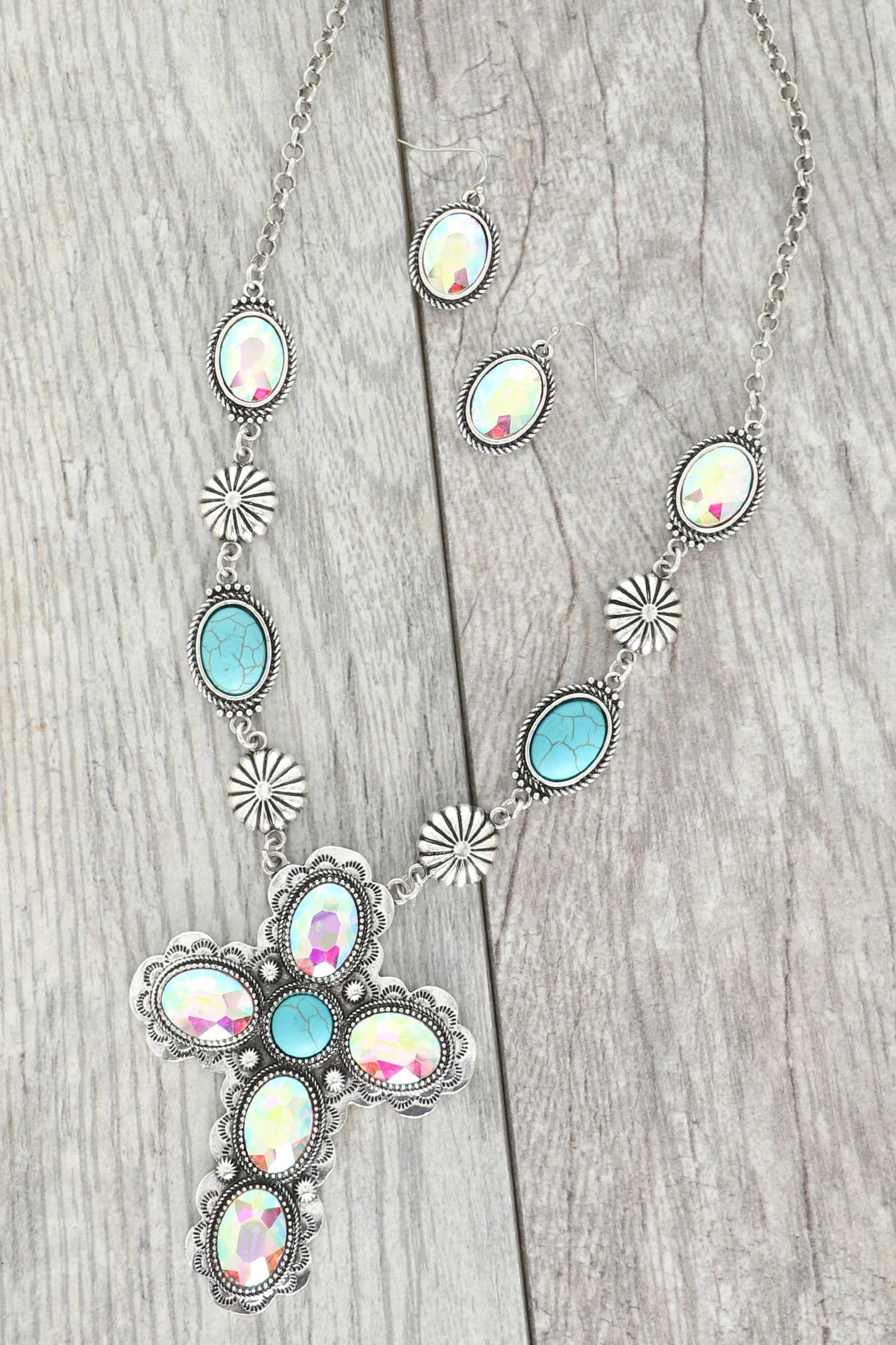 Western Crystal Turquoise Cross Necklace Set