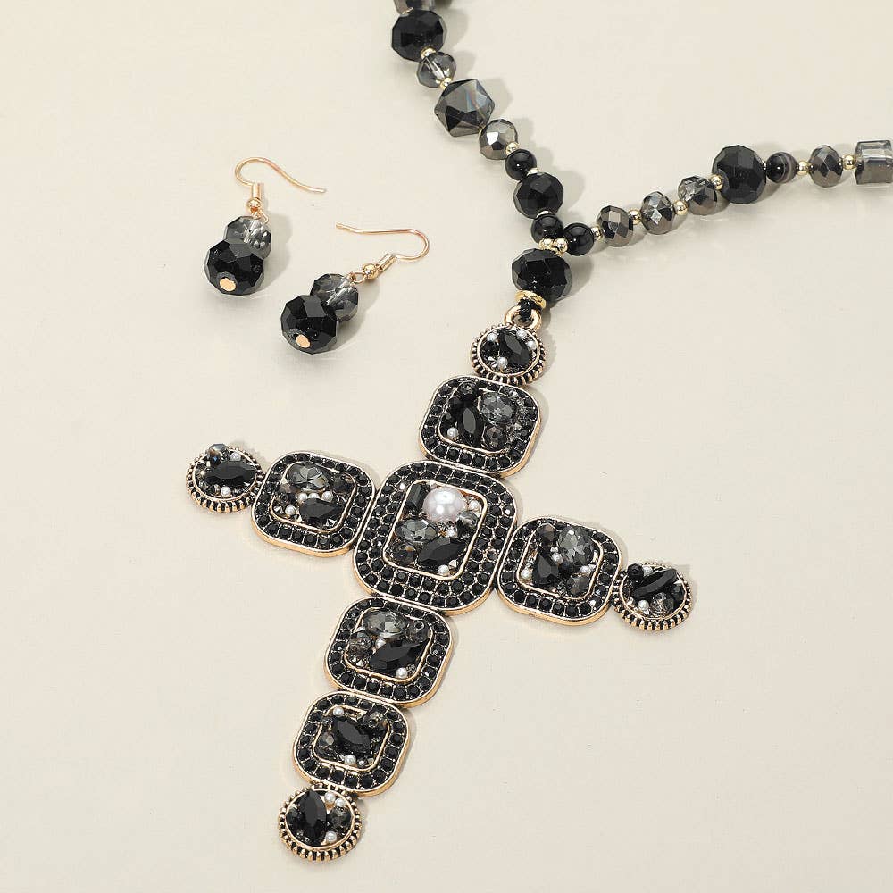 Beaded Cross Pendant Necklace & Earrings Set 37" Long Statement Jewelry