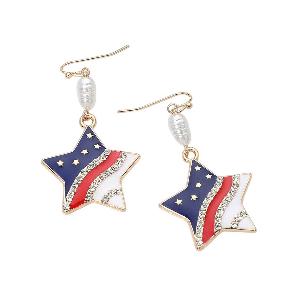American USA Flag Star Charm Pearl Link Drop Earrings