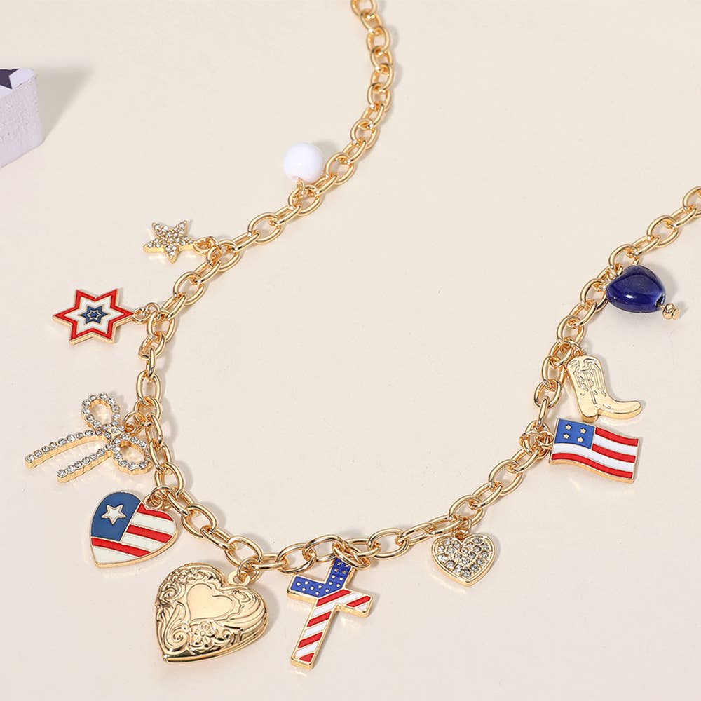 Enamel American USA Flag Heart Cross Star Bow Charm Necklace