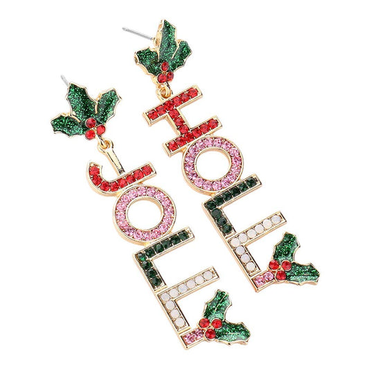 Pearl Paved Holly Jolly Message Dangle Earrings