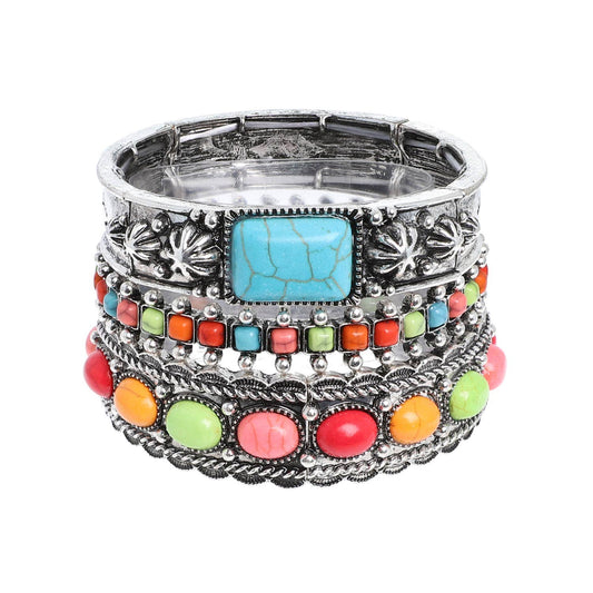 Multicolor Semi Stone Embellished Wide Bangle Bracelet