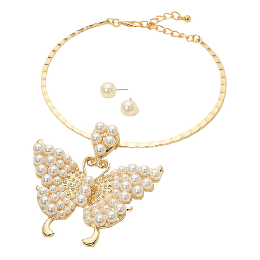 Bold Pearl Butterfly Statement Choker Necklace Set | Gold Butterfly Pendant Jewelry