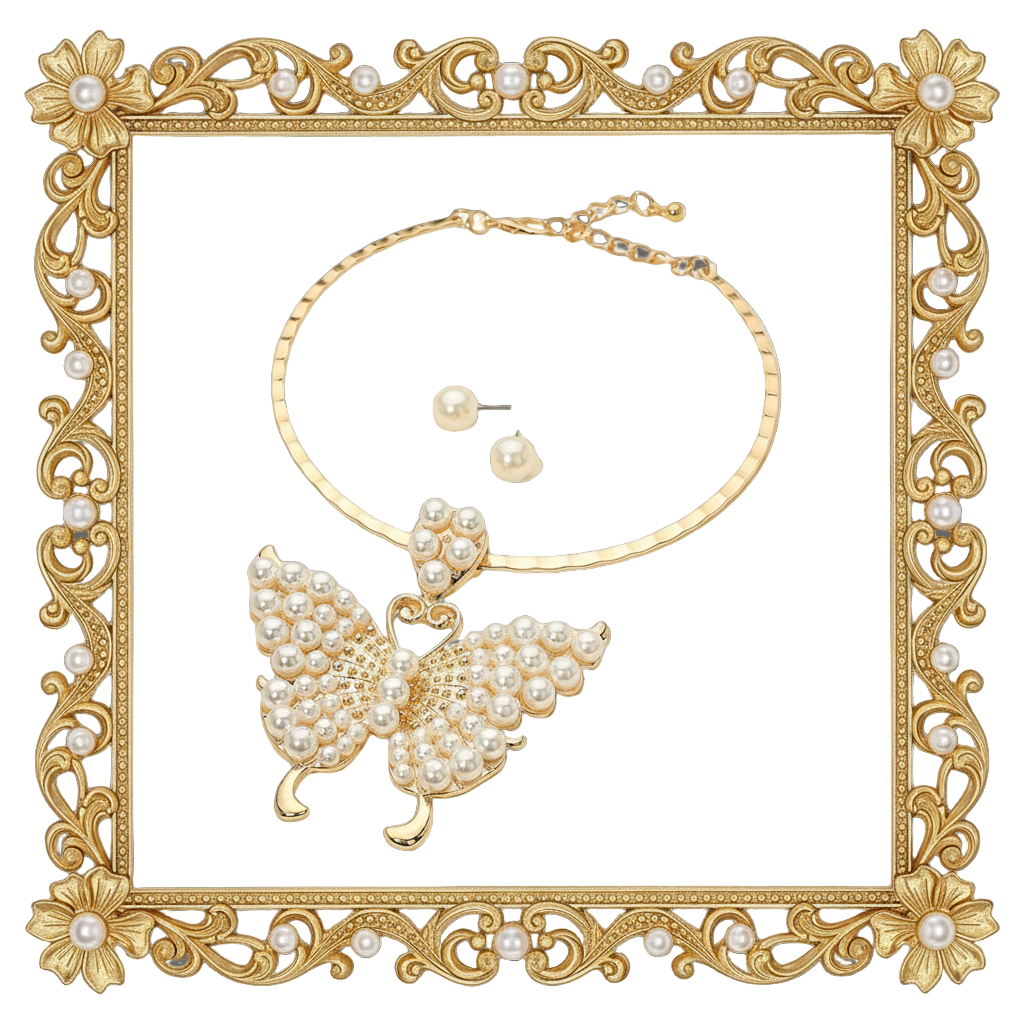 Bold Pearl Butterfly Statement Choker Necklace Set | Gold Butterfly Pendant Jewelry