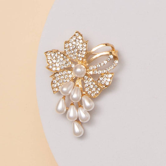 Floral Brooch with Pearl Drops and Crystal Accents