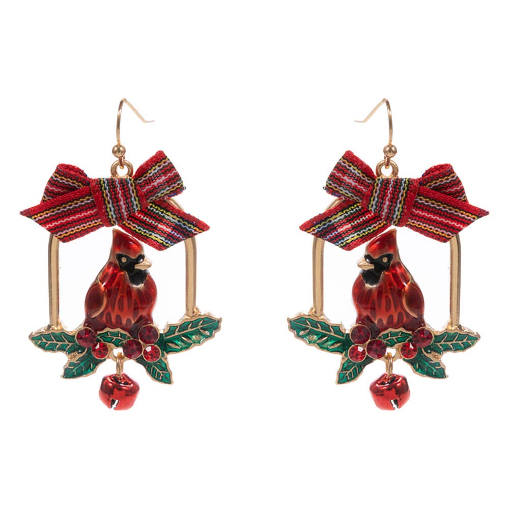 Bow Accent Holiday Cardinal Bell Dangle Earrings