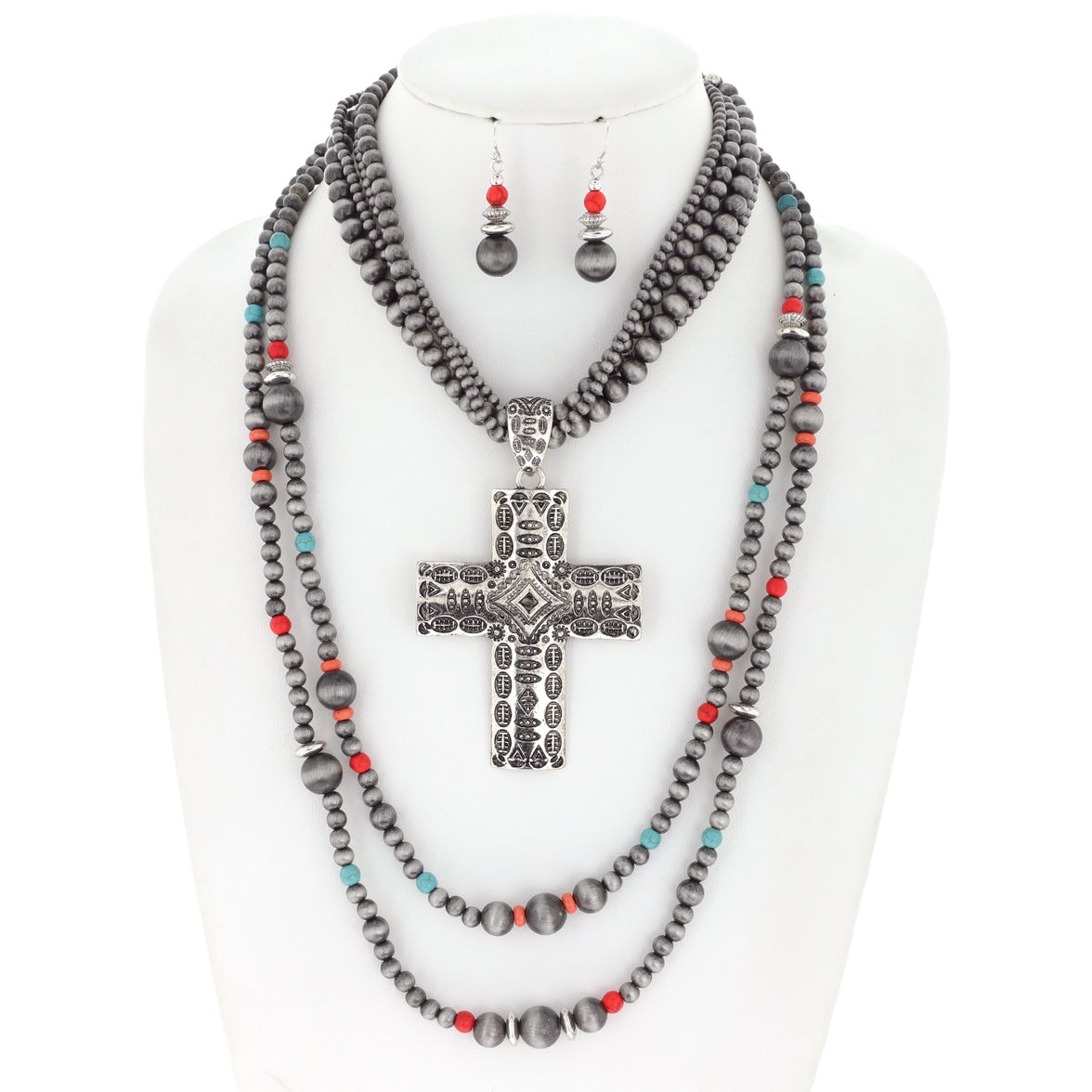 Multi Layered Navajo Pearl Beaded Cross Pendant Necklace