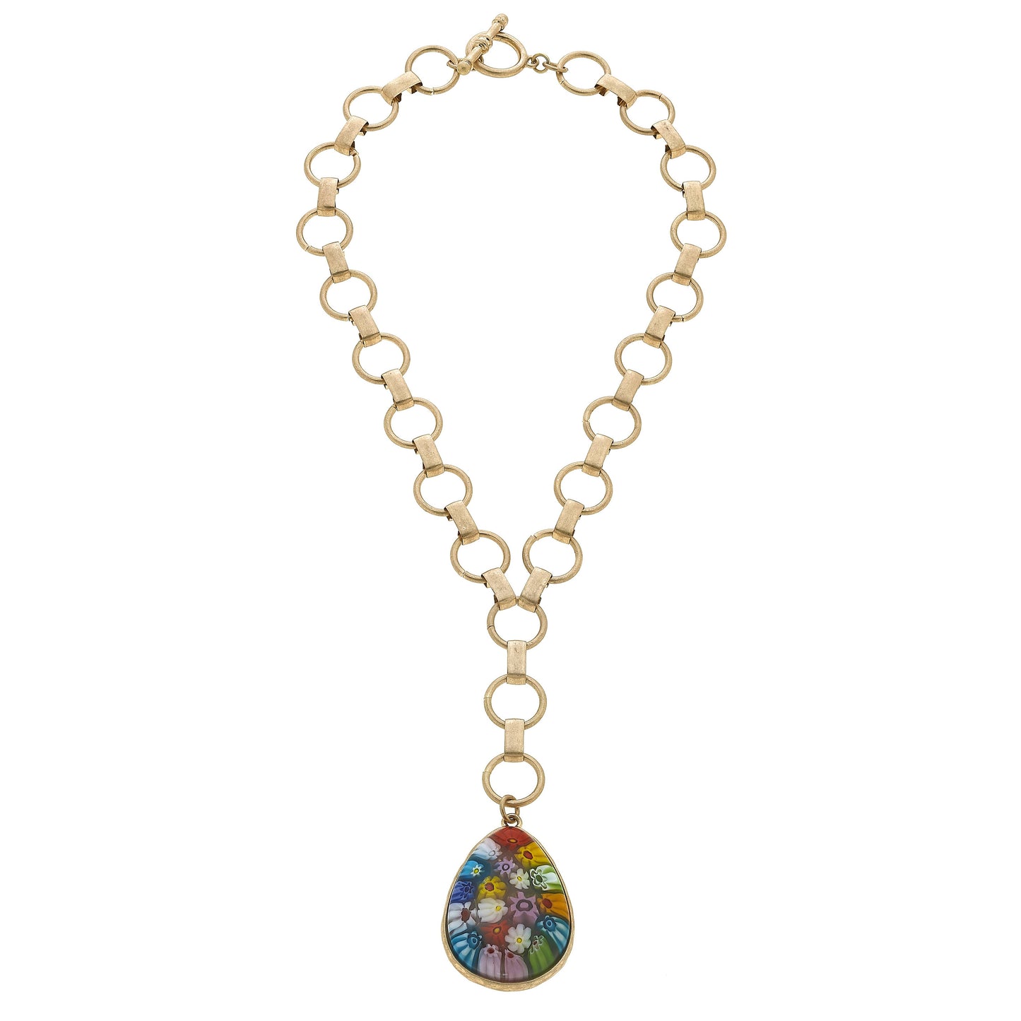 Millefiori Glass Teardrop Pendant Y Necklace in Multi
