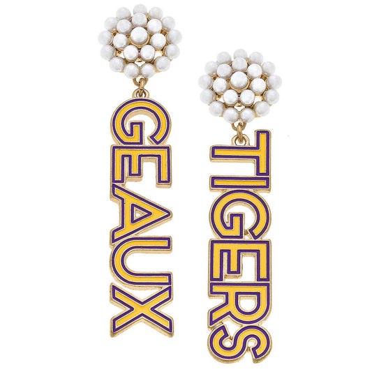 LSU "Geaux Tigers" Pearl Cluster Outline Enamel Drop Earrings