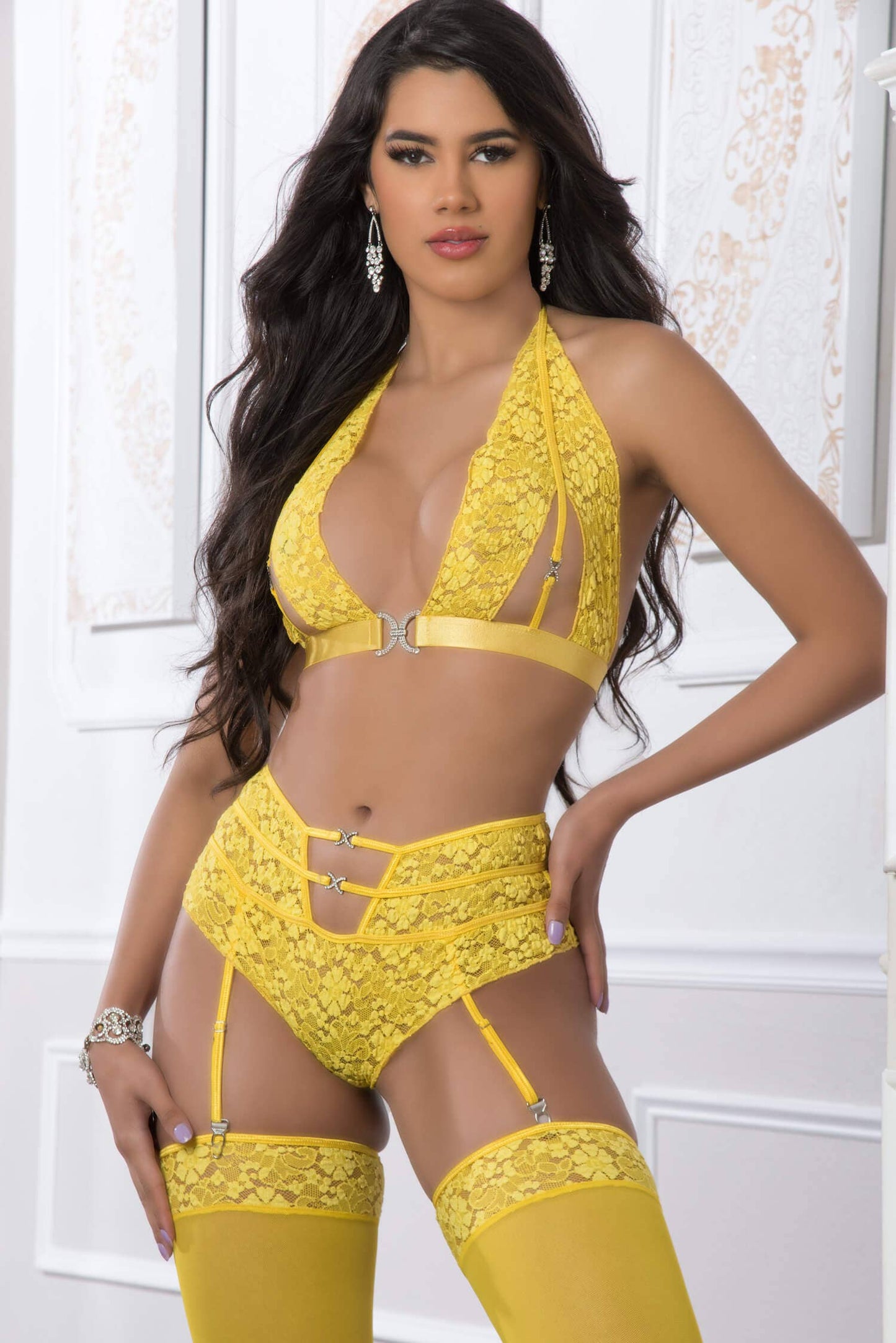 3pc High Waist Garter Laced Panty & Halter Top Set