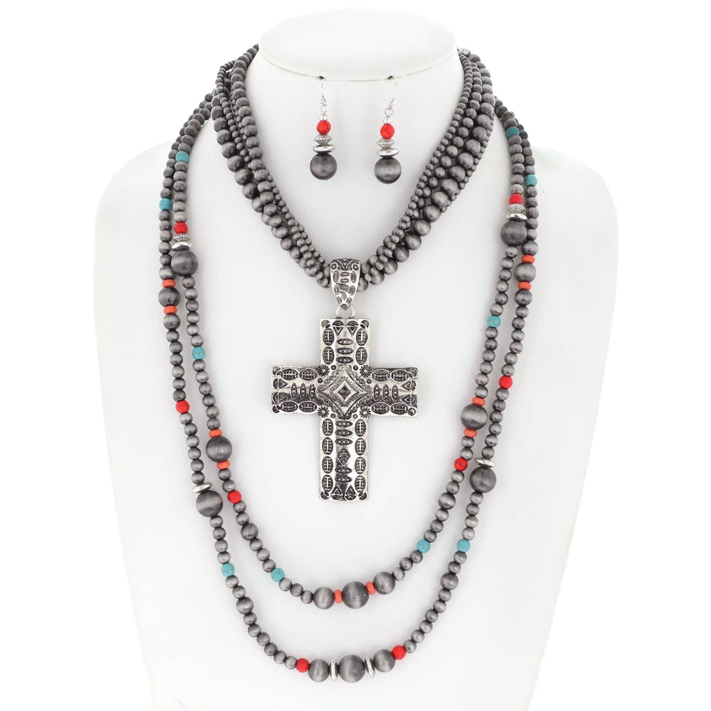 Multi Layered Navajo Pearl Beaded Cross Pendant Necklace