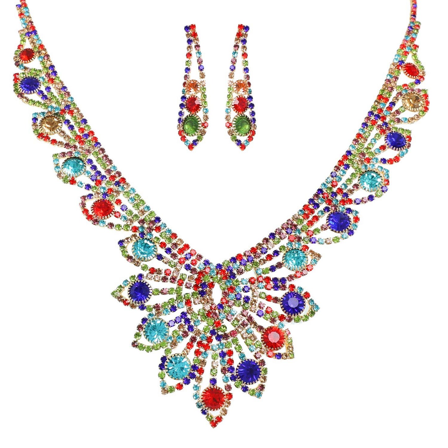 Crystal Gemstone V-Shaped Floral Necklace Set