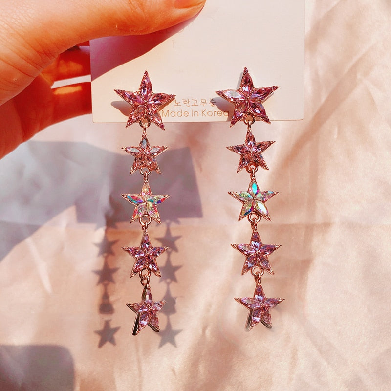 Colorful Star Flower Crystal Long Drop Earrings